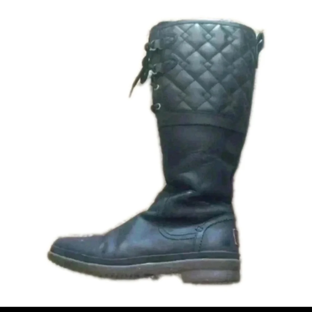 Ugg Womens Black Leather Elsa Deco Quilt Knee High Waterproof Winter Boot 8